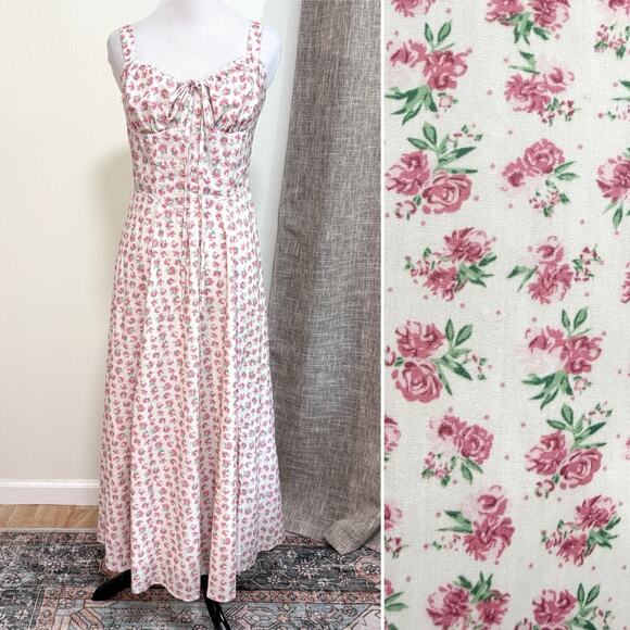 Petal and Pup Dresses & Skirts - Petal & Pup Milkmaid Floral Maxi Dress M Pink Roses Corset Basque Waist Cottage